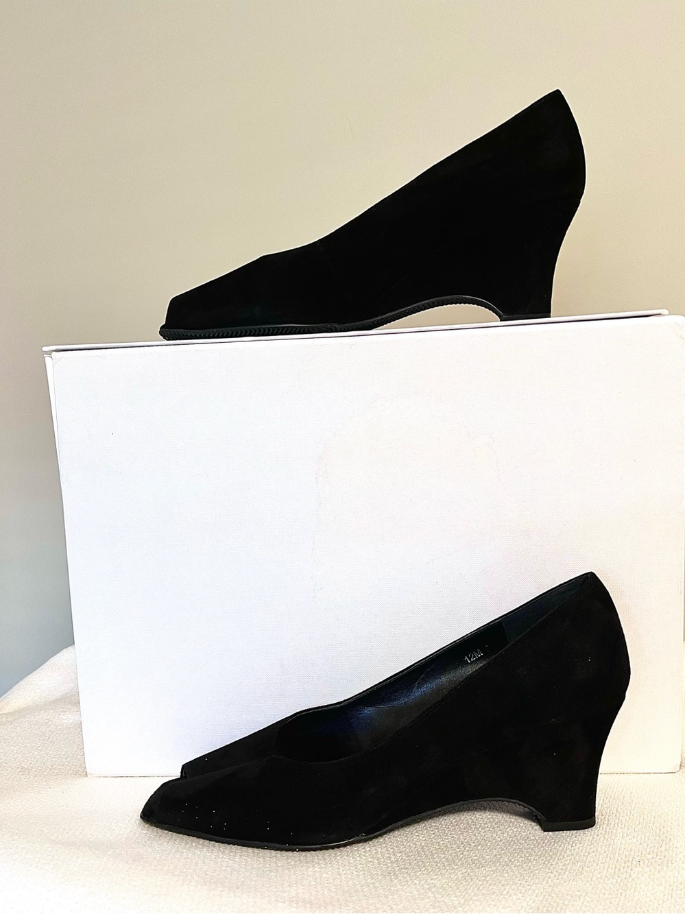 Size 12 VANELI black suede peep toe heel